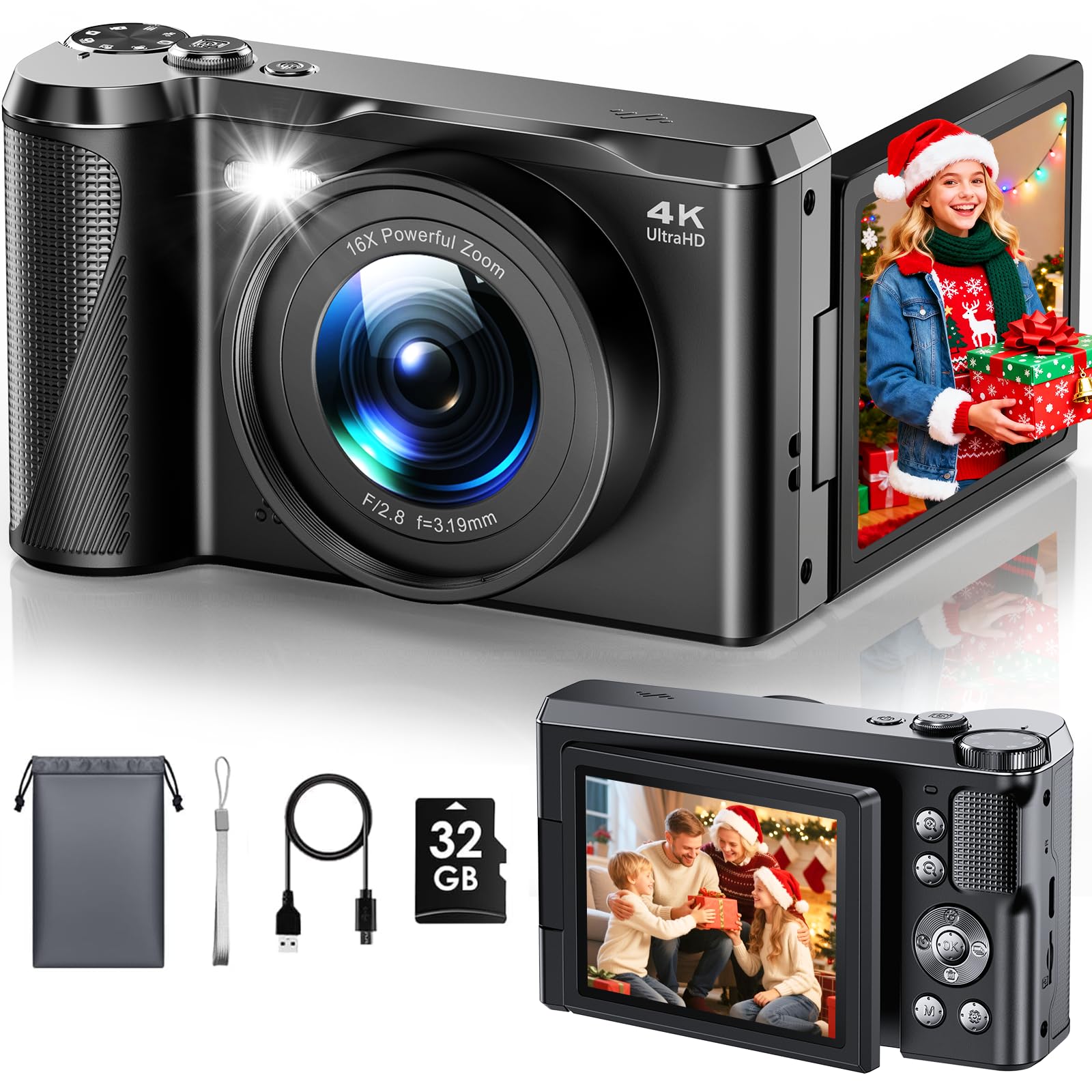 Digitalkamera 4K 56MP Focusinc Kamera Fotokamera mit 3'' 180° Klapp-Bildschirm, 16X Autofokus Digitalzoom Kompaktkamera mit 32G Karte, Vlogging-Kamera für Kinder Teenager Anfänger Angebot bei HelloDeals