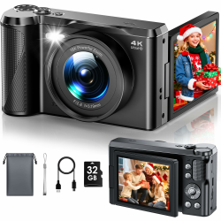 Digitalkamera 4K 56MP Focusinc Kamera Fotokamera mit 3'' 180° Klapp-Bildschirm, 16X Autofokus Digitalzoom Kompaktkamera mit 32G Karte, Vlogging-Kamera für Kinder Teenager Anfänger Angebot bei HelloDeals