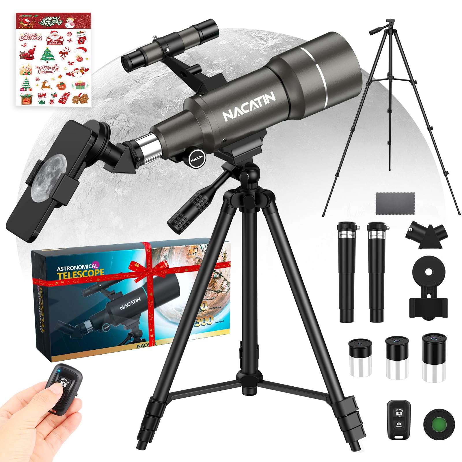 Teleskop für Kinder & Einsteiger, NACATIN 70mm Öffnung Astronomisches Refraktor Teleskop mit Stativ, Handy-Adapter, Fernbedienung (Grau) Angebot bei HelloDeals