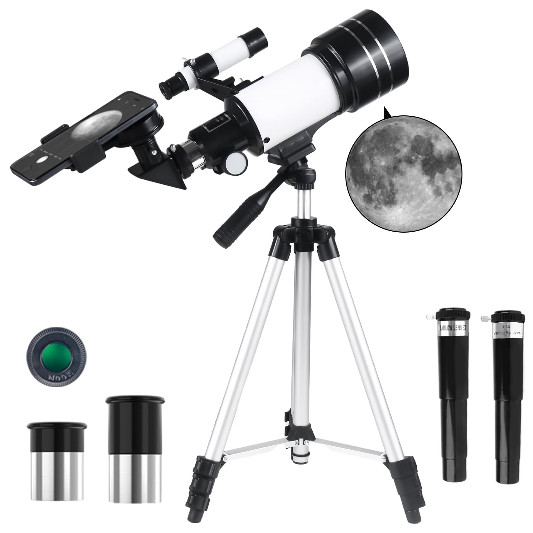 Teleskop für Kinder & Anfänger, 70mm Aperture 300mm Refraktor Teleskope Einsteiger, mit Ausziehbarem Stativ, Okulare, Sucherfernrohr, Mondfilter Astronomie Erwachsene Telescope (Weiß) Angebot bei HelloDeals
