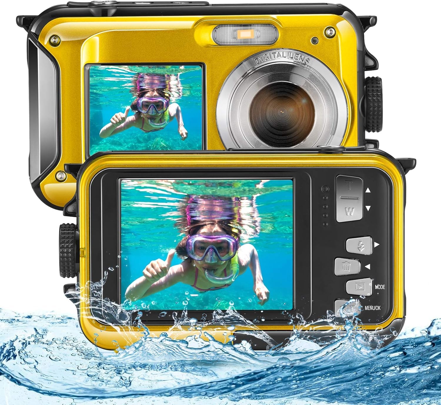 Digitalkamera, Wasserdicht, Full HD 2.7 K, 24 MP, Unterwasserkamera, 16 X Zoom, Wasserdicht, mit Doppelbildschirm, Autofocus für Jugendliche, Schüler, Anfänger, Gelb Angebot bei HelloDeals