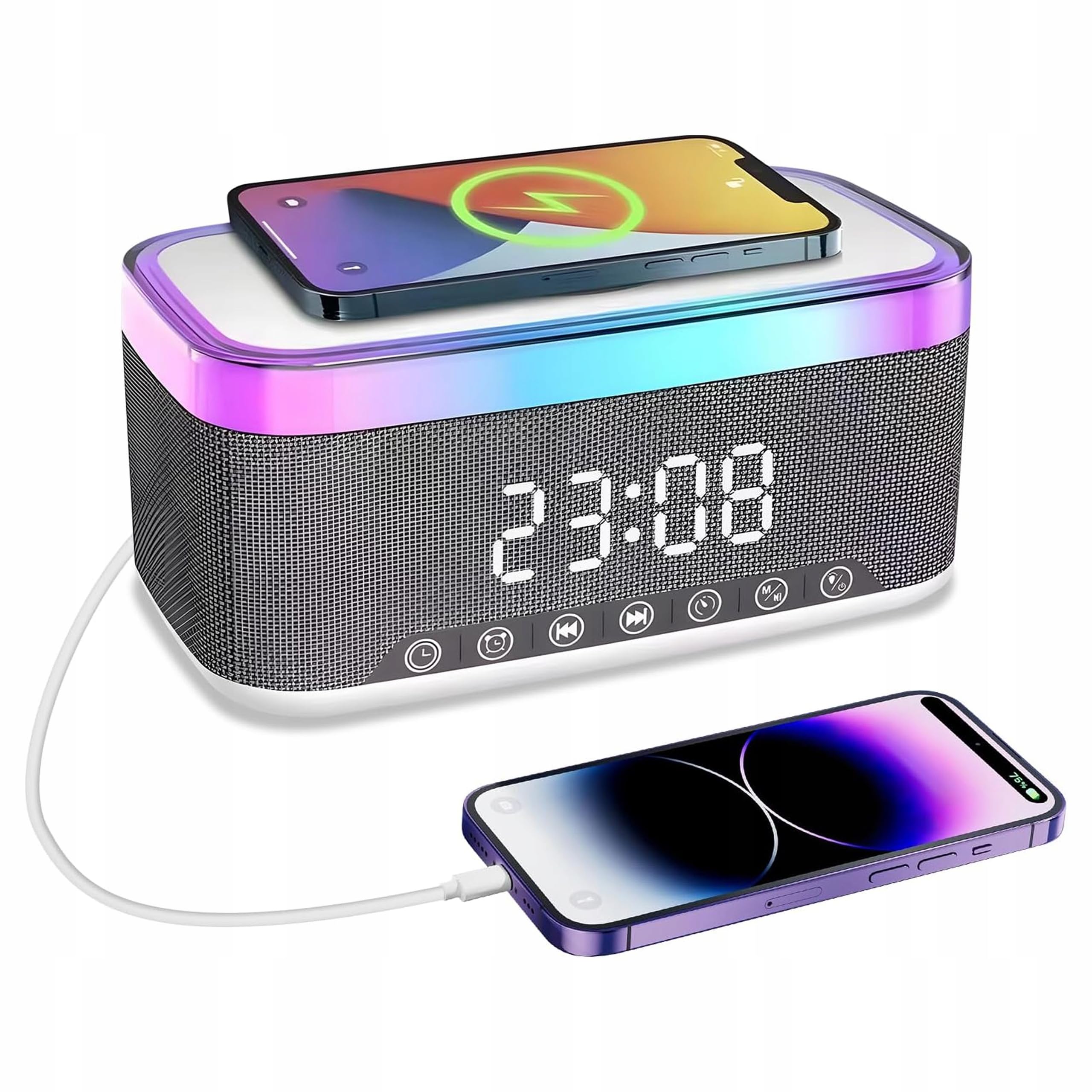 Radio wecker Digital mit Ladestation, 15W Fast Wireless Charger, Digitaler Radiowecker mit Bluetooth Lautsprecher, 13 LED-Leuchten, USB-Kabelloser Ladegerät, FM-Radio, Smart Wecker mit ladefunktion Angebot bei HelloDeals