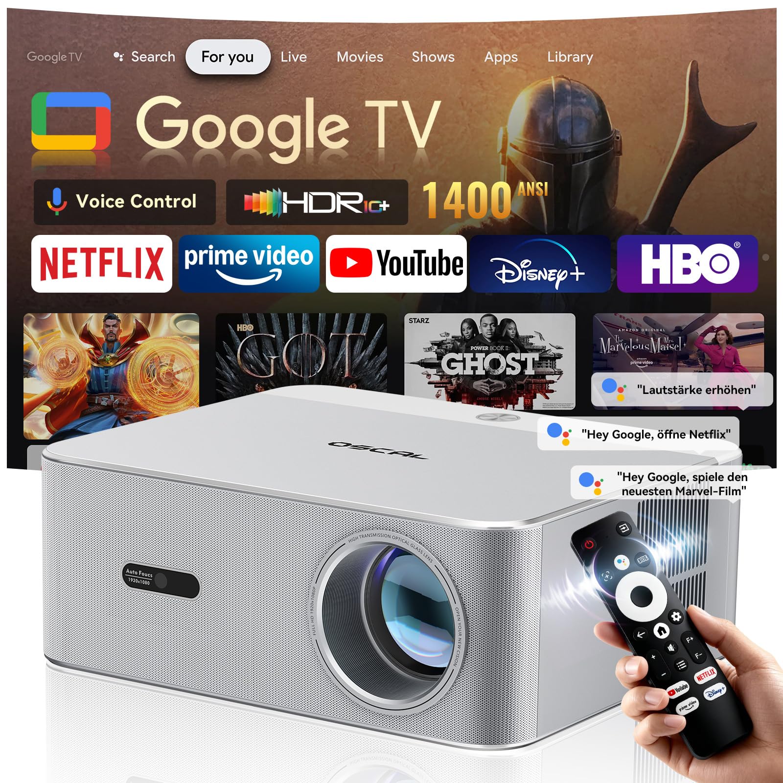 OSCAL PV800Pro 4K Smart Beamer 1400 ANSI-Lumen, WiFi 6, Zertifiziert Google TV, Netflix, 10000+ Apps, HDR10+ Beamer mit HiFi Sound, Auto Focus/6D Trapezkorrektur, Heimkino/Outdoor Projektor Angebot bei HelloDeals