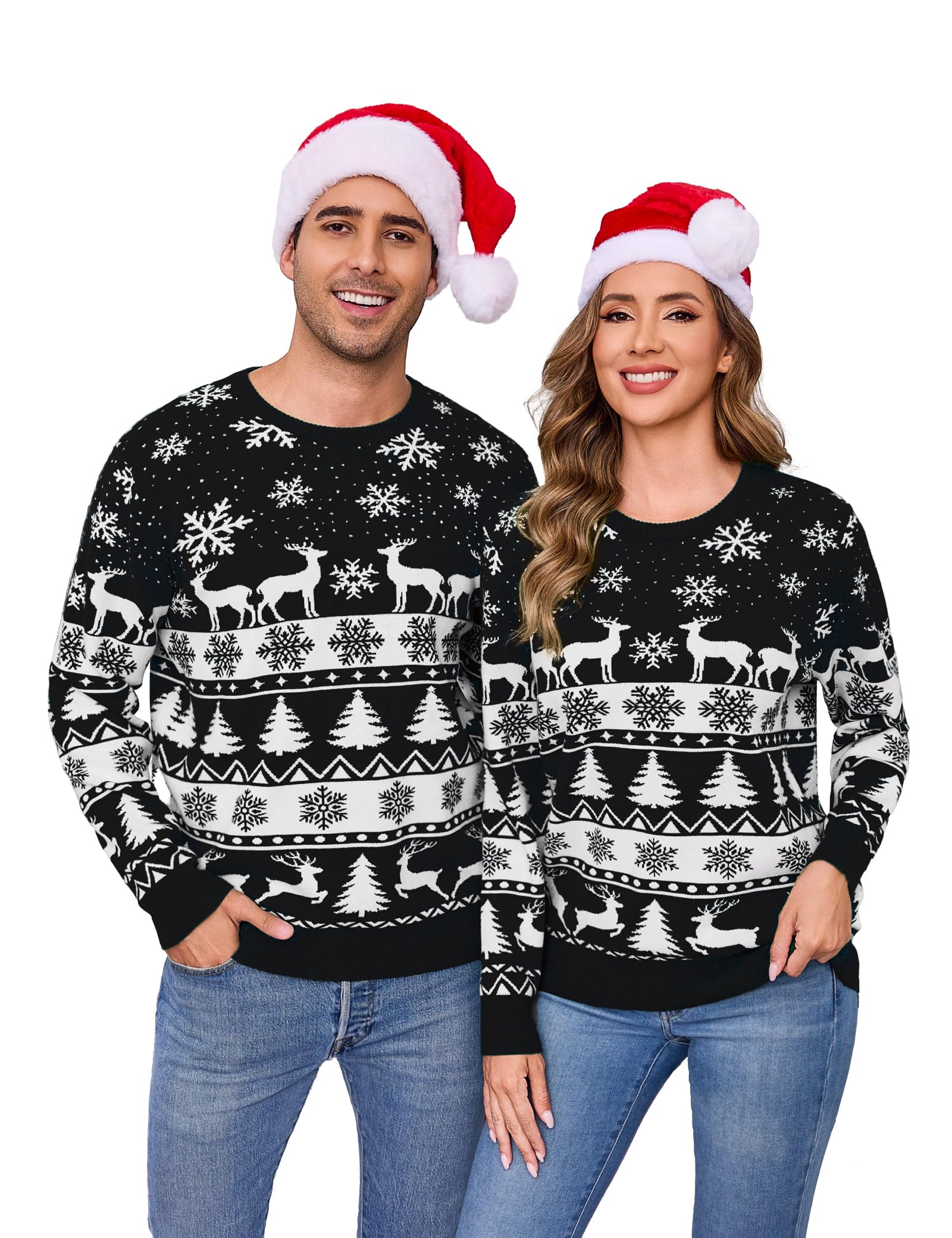 Totatuit Damen Weihnachtspullover Herren Christmas Sweater mit Rentier Elch Motiv Schneeflocken Strickpullover Weihnachten Langarm Jumper mit Rundhalsausschnitt L Schwarz-men Angebot bei HelloDeals