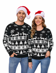 Totatuit Damen Weihnachtspullover Herren Christmas Sweater mit Rentier Elch Motiv Schneeflocken Strickpullover Weihnachten Langarm Jumper mit Rundhalsausschnitt L Schwarz-men Angebot bei HelloDeals