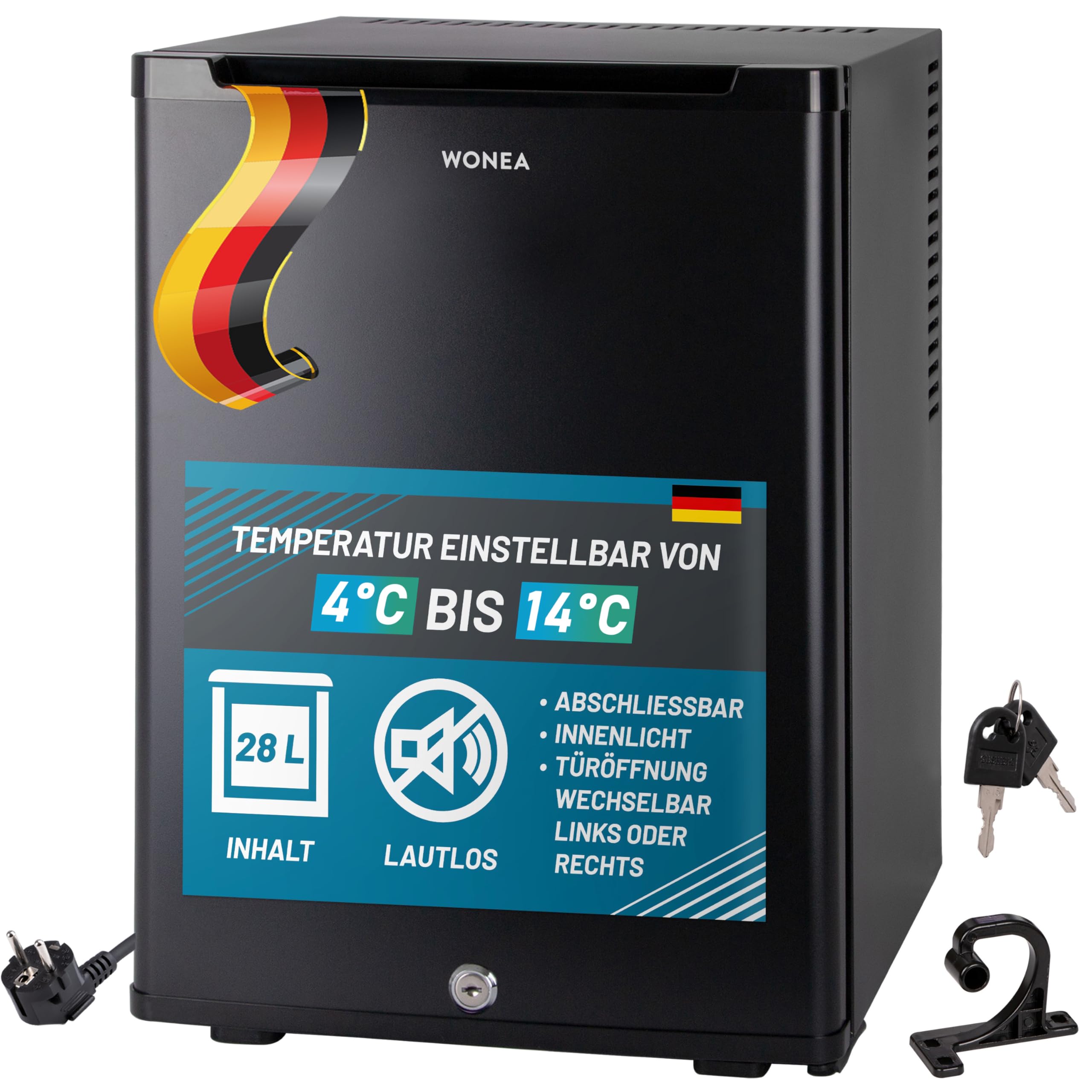 28 Liter Mini Kühlschrank, lautlos, Minikühlschrank mit Schloss, Minibar abschließbar geräuschlos, Türanschlag wechselbar, ca. 4°-14°C Höhe 48cm, Innenraumbeleuchtung, Weinkühlschrank, Angebot bei HelloDeals