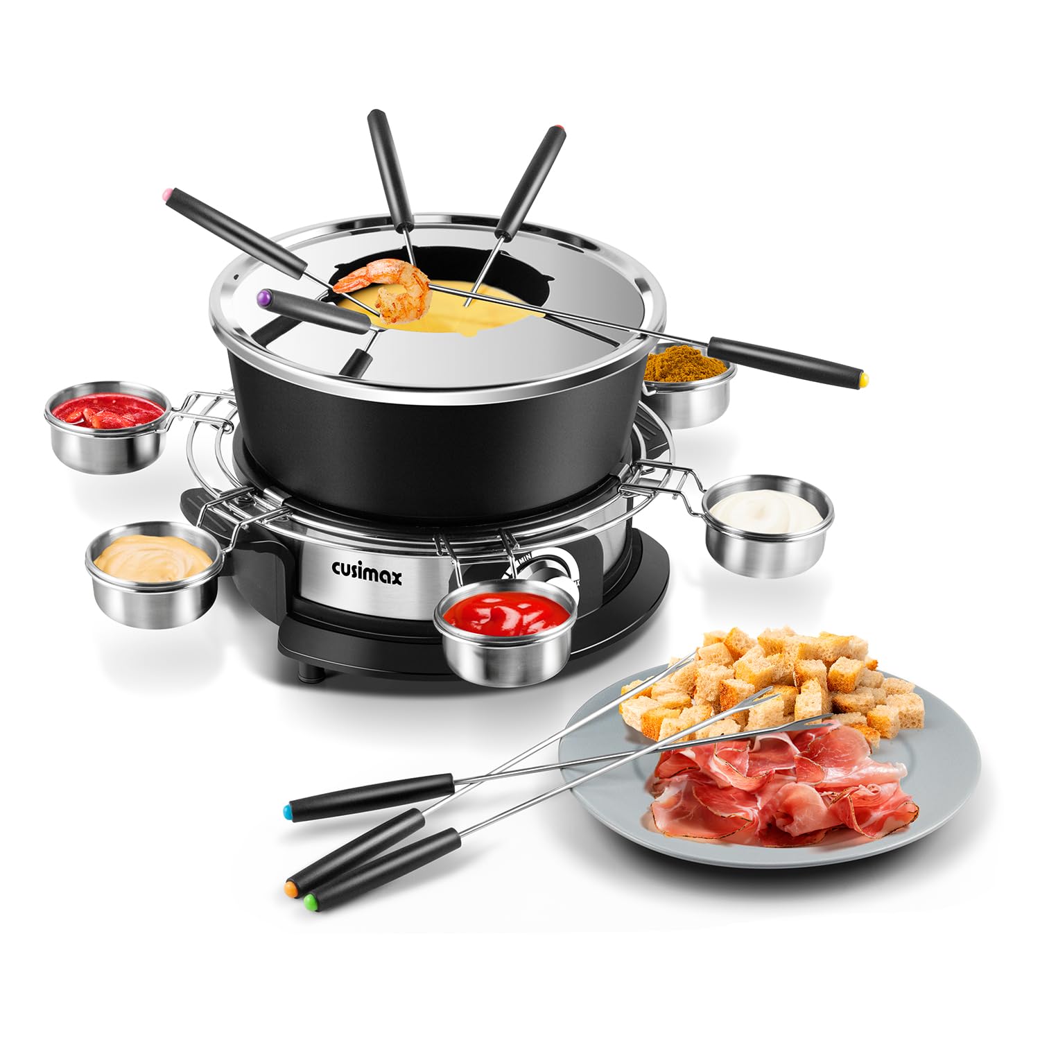 CUSIMAX Elektrisches Fondue-Set mit 1300W Leistungsregelung für Käse, Schokolade, Öl und Brühe, 2L Antihaft-Elektro-Fondue-Topf mit 8 Gabeln, 6 Tassen und abnehmbarem Anti-Verbrühungs-Griff Angebot bei HelloDeals