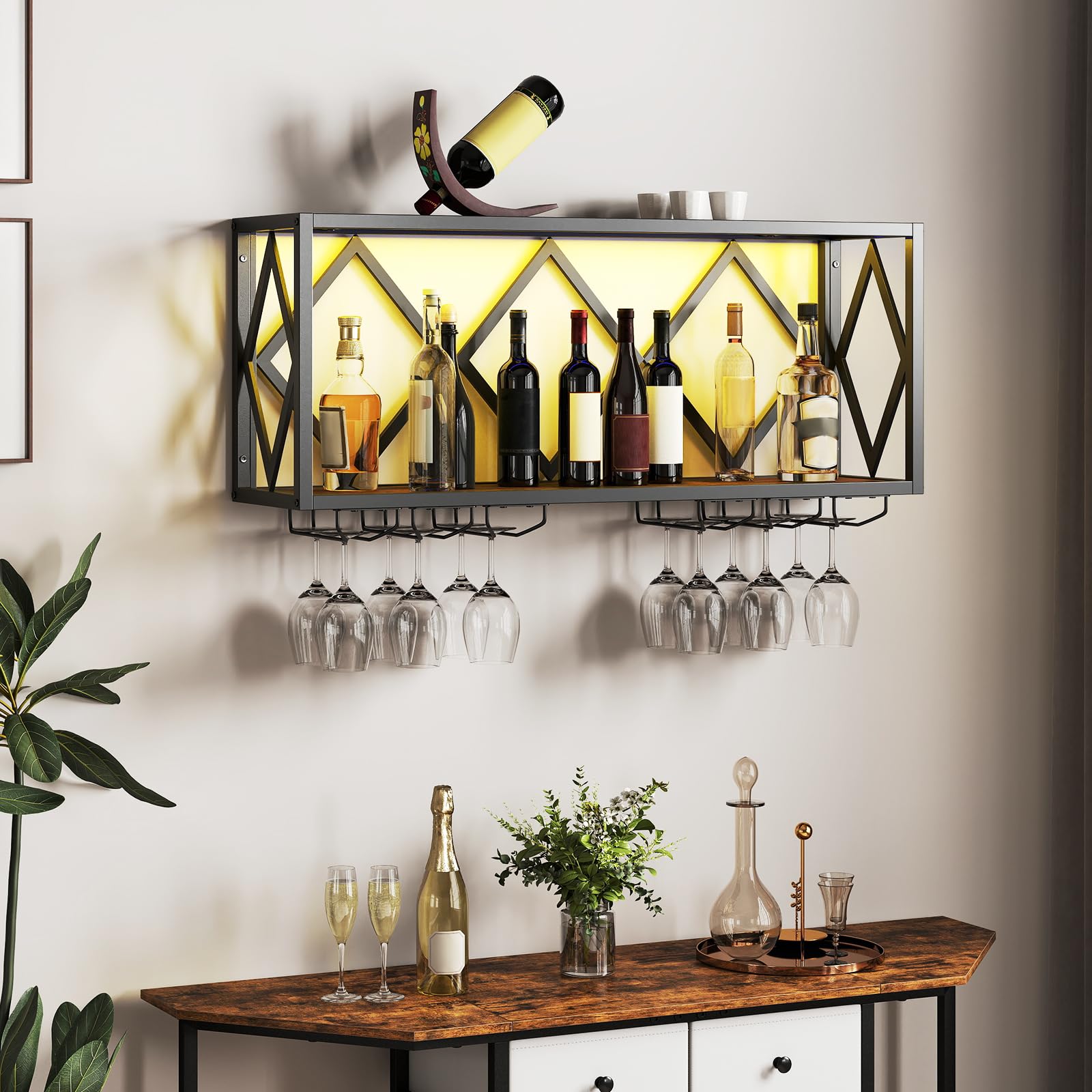 COSTWAY Weinregal Wand mit LED Beleuchtung, 2 Ebenen Flaschenregal Holz mit Metallrahmen, mit 6 Reihen Weingläserhalter, Industrial Design, ideal für Zuhause, Bar, Küche und Restaurant Mit Beleuchtung Angebot bei HelloDeals