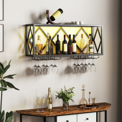 COSTWAY Weinregal Wand mit LED Beleuchtung, 2 Ebenen Flaschenregal Holz mit Metallrahmen, mit 6 Reihen Weingläserhalter, Industrial Design, ideal für Zuhause, Bar, Küche und Restaurant Mit Beleuchtung Angebot bei HelloDeals