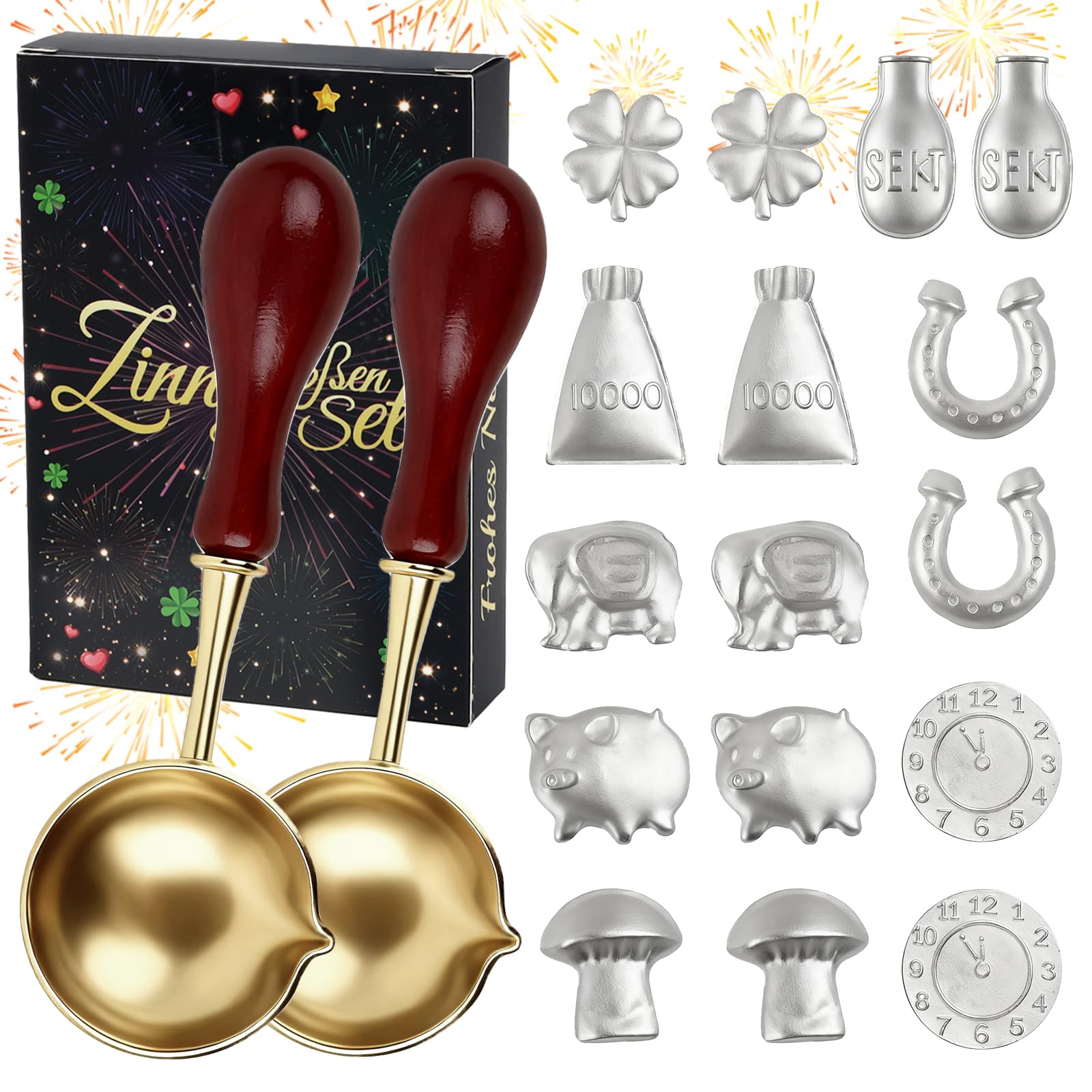 Wukong Zinngießen Set mit 16 Zinnfiguren & 2 Rundlöffeln – Gesunde Alternative zum Bleigießen, Silvester Orakelspiel mit Anleitung & Deutungsheft für Neujahr 2026 Rundlöffel – 18 Stück Angebot bei HelloDeals