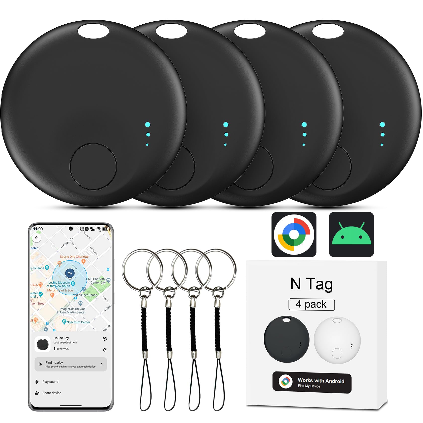 Air Tracker Android, 4 Pack Smart Tag for Android Schlüsselfinder Key Finder kompatibel mit Google Find Hub APP (Android NUR), Bluetooth Tracker für Gepäck,Brieftasche,Koffer(Schwarz) Angebot bei HelloDeals