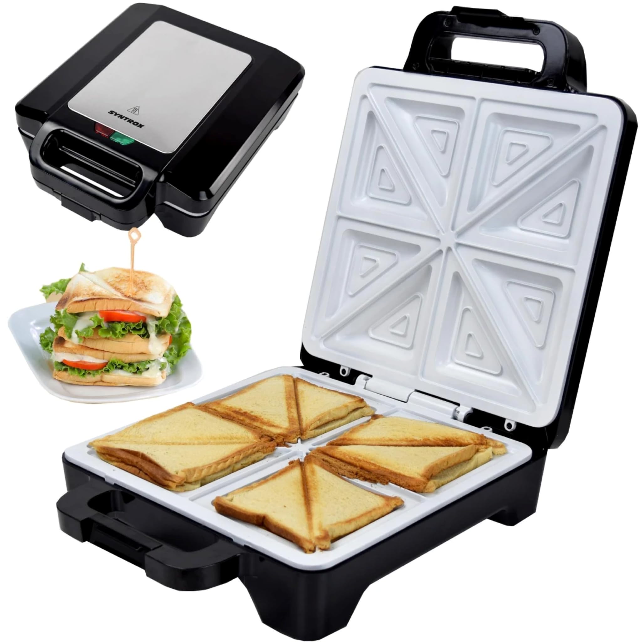 Syntrox Germany Kitchen Chef Keramik-Sandwichmaker XLC Drizle, 1.600 W, 28,7 × 28 cm Platten, Thermostat, Antihaft, Edelstahl-Dekor, vertikale Aufbewahrung, Verriegelung, 100°-Öffnung Angebot bei HelloDeals