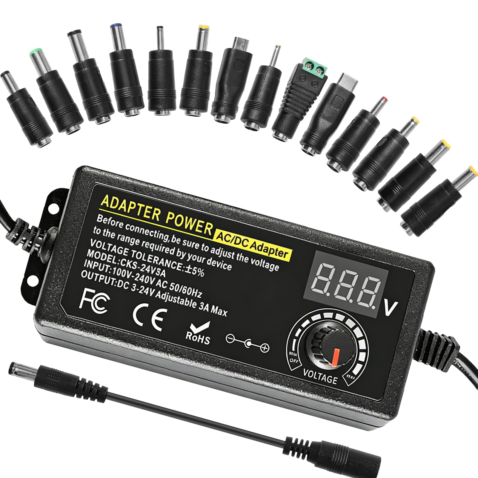 3-24V Einstellbares Netzteil - 3A 72W Universal Netzadapter - 100V-240V AC zu DC Transformator Konverter mit LED Spannungsanzeige und 14 Tipps & Polaritätskabel für Wasserpumpen, Lüfter Angebot bei HelloDeals