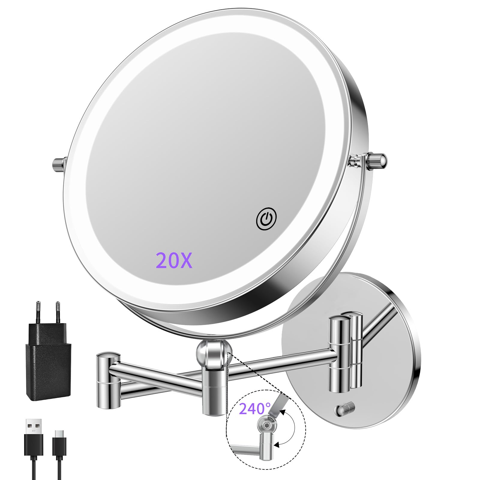 FUNTOUCH 5000mAh Wiederaufladbar Kosmetikspiegel mit 1X/ 20X Vergrößerung, Dimmbarer Rasierspiegel 3 Farben, Höhenverstellbar Schminkspiegel, 360° Drehbar, 9 Zoll Wandspiegel für Badezimmer und Hotel Silber-höhenverstellbar Angebot bei HelloDeals