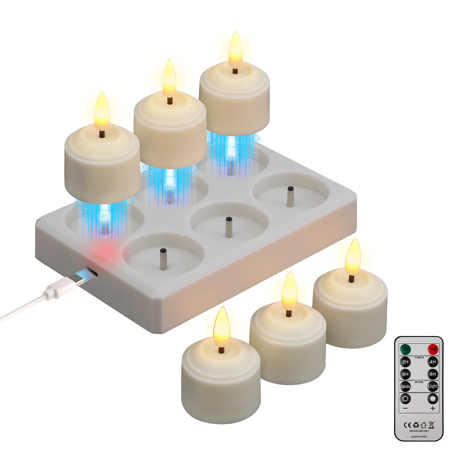 6er Aufladbare Teelichter mit Timer und Ladestation, LED Teelichter Wiederaufladbar, Kerzen Flackernd für Zimmer Wohnzimmer Halloween Weihnachten Hochzeit Tisch Party Deko Angebot bei HelloDeals