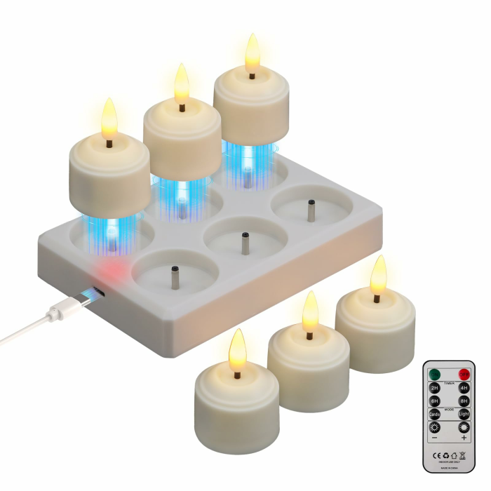 6er Aufladbare Teelichter mit Timer und Ladestation, LED Teelichter Wiederaufladbar, Kerzen Flackernd für Zimmer Wohnzimmer Halloween Weihnachten Hochzeit Tisch Party Deko Angebot bei HelloDeals