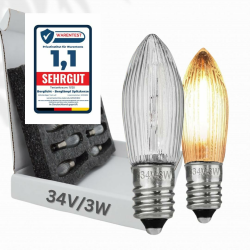 10x Glühbirne 'Berglämpl' E10 34V/3W Riffelkerze Spitzkerze Topkerze Glühlämpchen für Schwibbogen und Lichtbögen, Gelbglühend Angebot bei HelloDeals