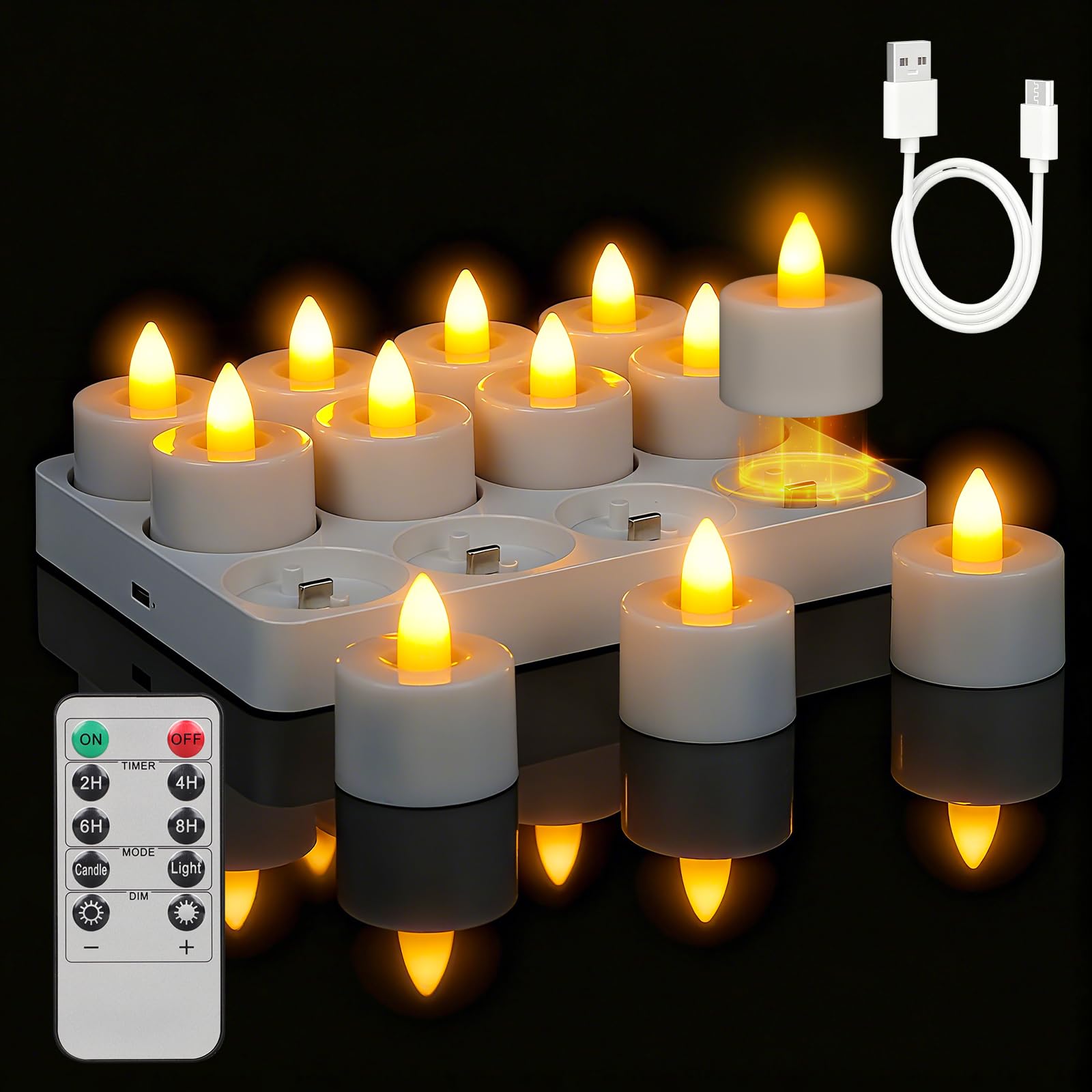 ropelux 12 Rechargeable Tea Lights with Charging Base,Realistic Flickering Dimmable LED Candles with Remote Control Timer in Warm Yellow for Christmas,Weddings, Parties, Festivals (12 Pack) Angebot bei HelloDeals
