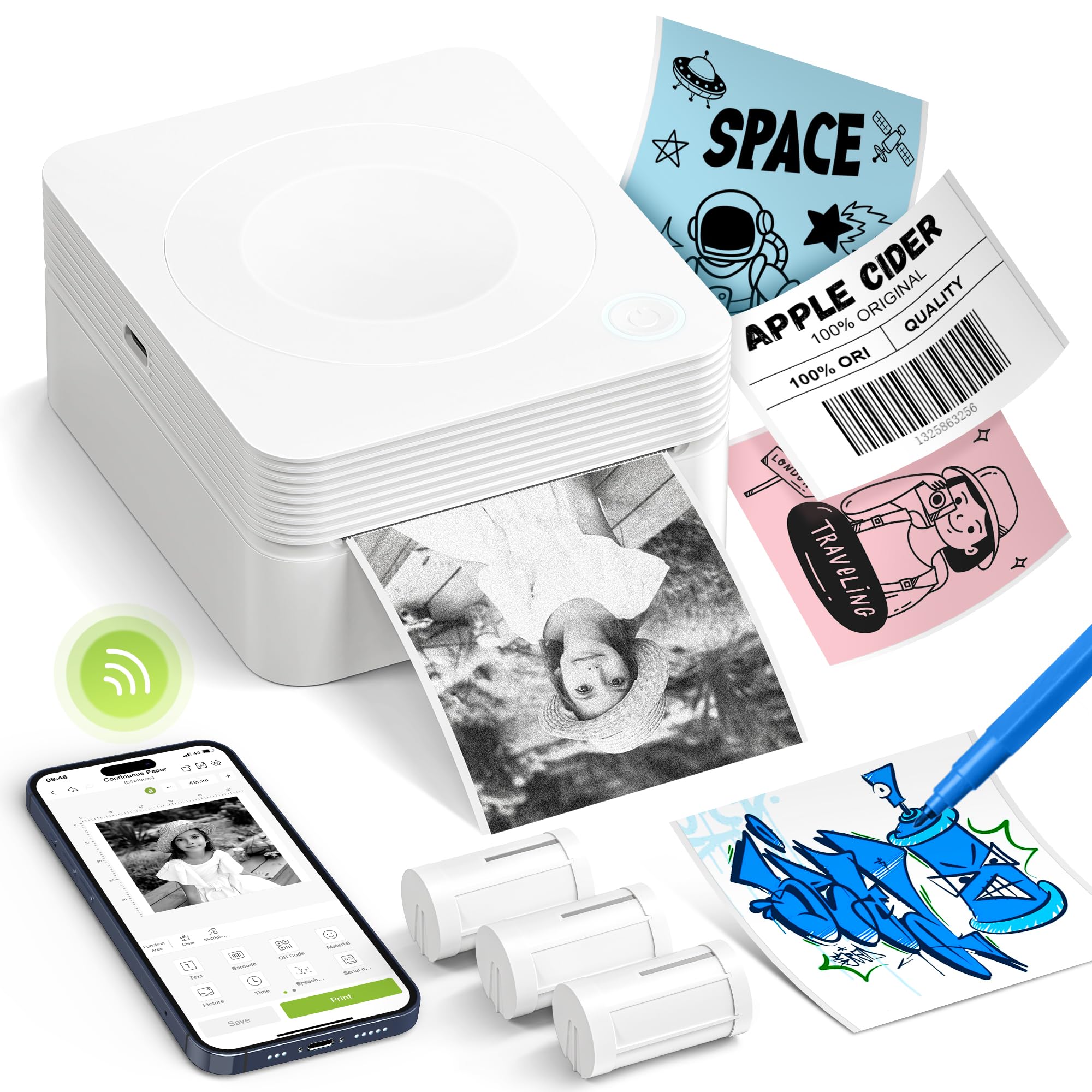 Mini Drucker PM230 Aufkleber Drucker Fotodrucker Thermodrucker Bluetooth mit 3 Rollen Etiketten für Smartphone, Etikettendrucker für DIY Erstellung und Studiennotizen, Weiß Angebot bei HelloDeals