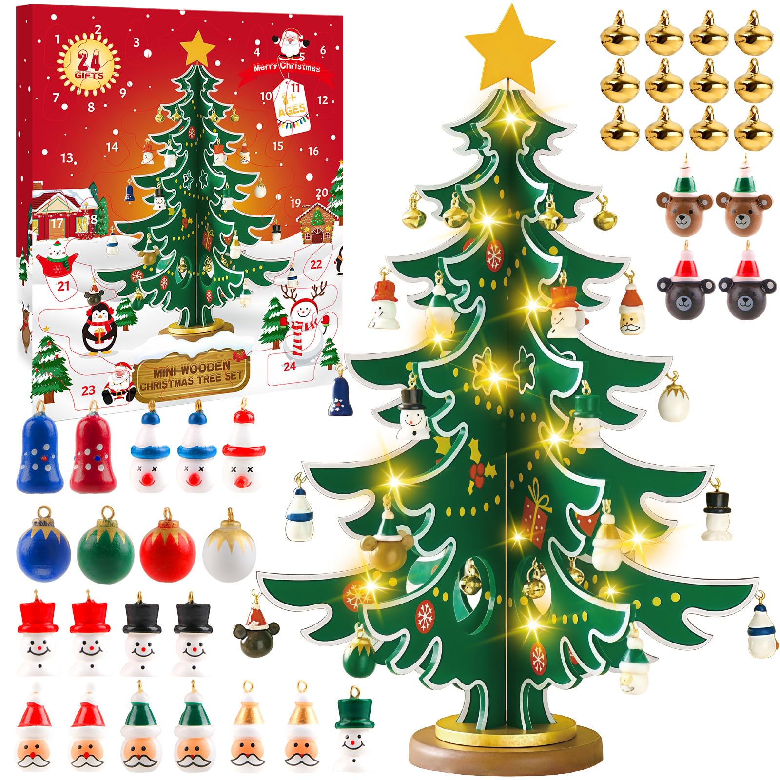 Adventskalender 2025 Weihnachtsbaum aus Holz, mit 3D Hölzerner Weihnachtsbaum & 36 Ornamenten und Lichterkette, Kreativer Adventskalender weihnachtsdeko Anhänger für DIY holzspielzeug Kinder Angebot bei HelloDeals