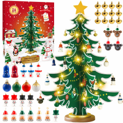 Adventskalender 2025 Weihnachtsbaum aus Holz, mit 3D Hölzerner Weihnachtsbaum & 36 Ornamenten und Lichterkette, Kreativer Adventskalender weihnachtsdeko Anhänger für DIY holzspielzeug Kinder Angebot bei HelloDeals