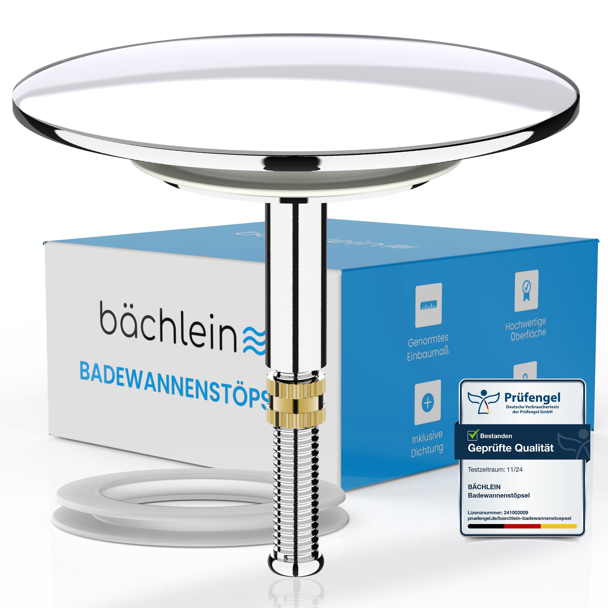 Bächlein Universal Badewannenstöpsel - ⌀ 7,2 cm Stöpsel für Badewanne [Chrom] - Abfluss-Stopfen aus Messing inkl. Ersatzdichtung - Für Fast Jede handelsübliche Badewanne Angebot bei HelloDeals
