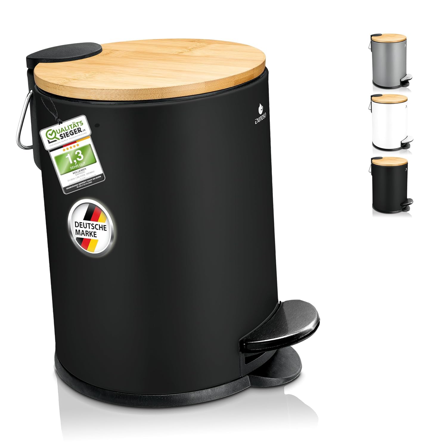 Exitoso kleiner Mülleimer Bad schwarz - Kosmetikeimer 3L Bambus rutschfest - Tretmülleimer Bad aus Edelstahl mit Softclose Deckel - Badmülleimer Kosmetikeimer schwarz Bad Mülleimer Badezimmer Angebot bei HelloDeals