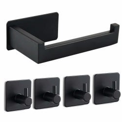 Toilettenpapierhalter Ohne Bohren, Selbstklebend Klopapierhalter WC Papierhalter Edelstahl Toilettenpapierrollenhalter mit 4 Stück Handtuchhaken für Küche und Badzimmer, Schwarz Angebot bei HelloDeals