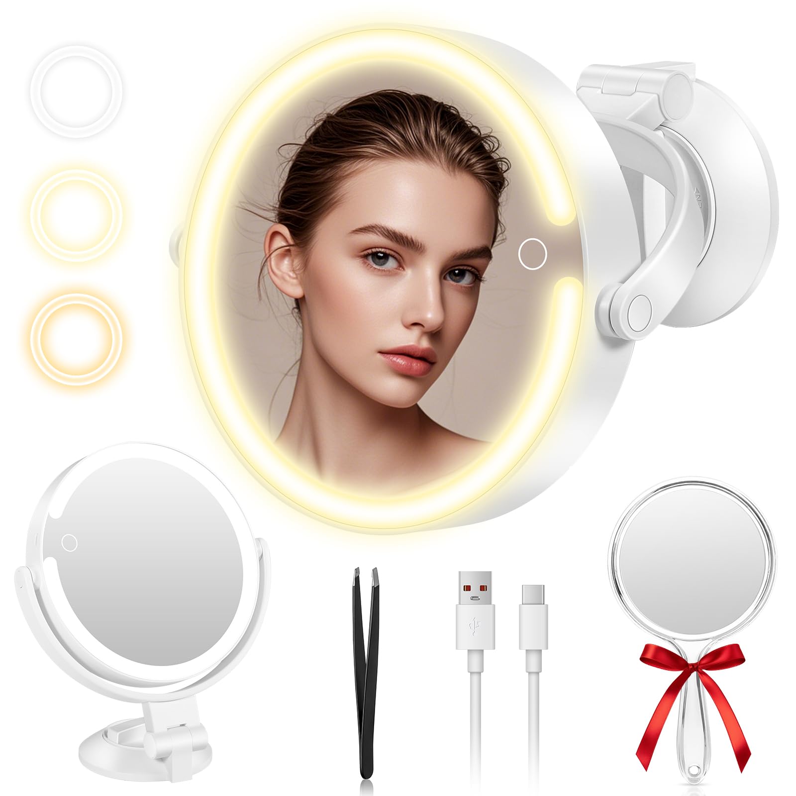 NZQXJXZ Schminkspiegel mit Beleuchtung, 10X/1X Vergrößerungsspiegel mit Licht, Aufladbarer Kosmetikspiegel, 360° Drehbar, 3 Lichtmodi & Touch-Dimmung, Spiegel mit Saugnapf für Badezimmer & Reise Angebot bei HelloDeals