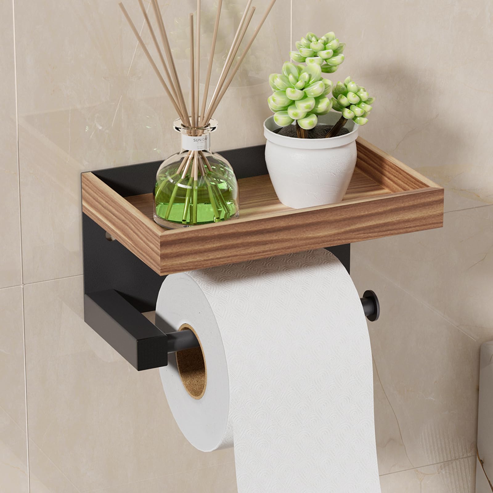 SWTYMIKI Toilettenpapierhalter Ohne Bohren - klopapierhalter mit Ablage für Badezimmer, Edelstahl Klorollenhalter Wandmontage, wc Papier Halterung, Selbstklebend or Bohren, Braun Braun holz Angebot bei HelloDeals