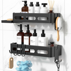 Duschablage ohne Bohren 2er Set – Rostfreies Duschregal Schwarz, 32 cm Badregal & Badezimmer Organizer mit Seifenkorb und 6 Haken, Große Kapazität für Shampoo und Duschzubehör Angebot bei HelloDeals