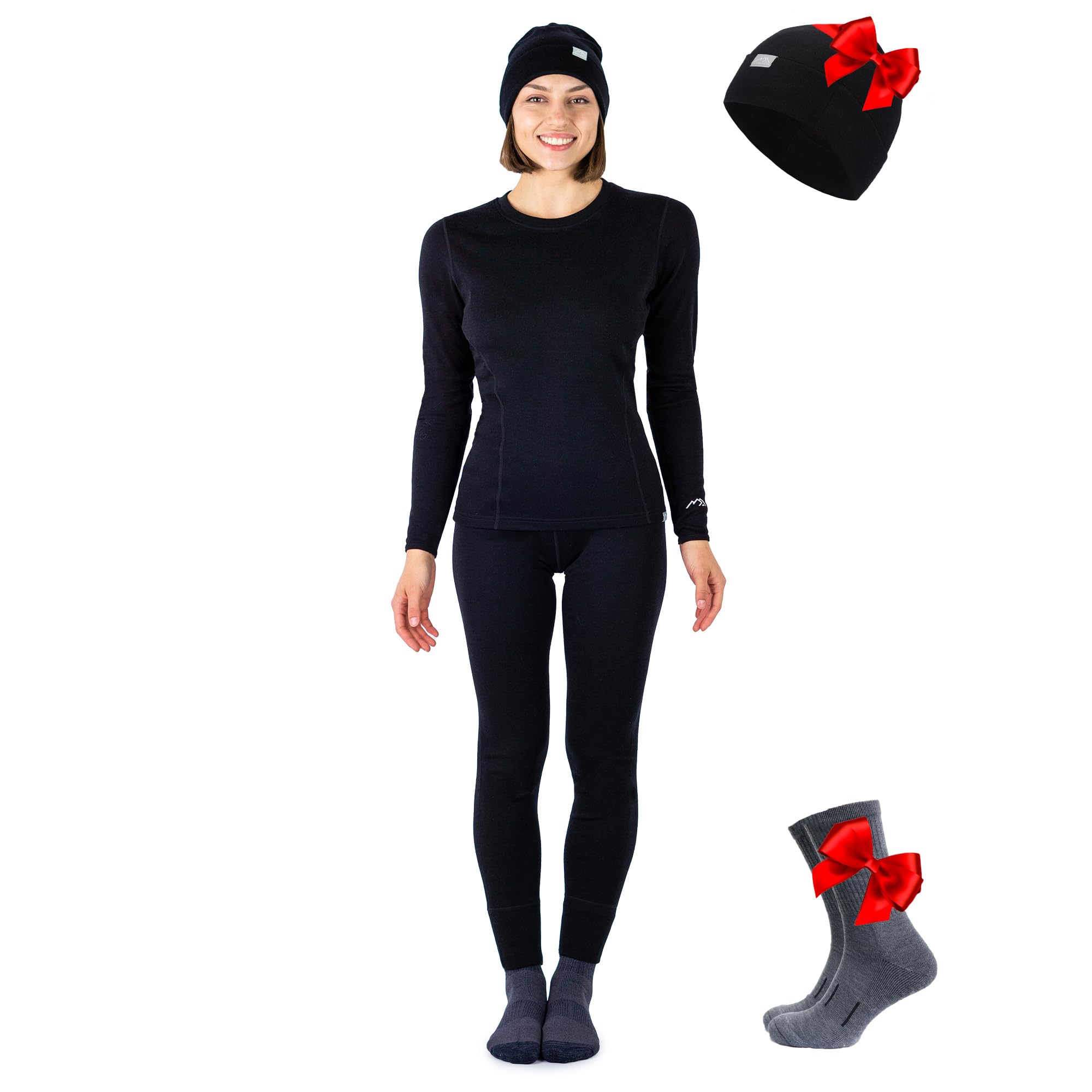 Merino.tech Merino Unterwäsche Damen Set + Mütze – Merino Langarm Damen und Hose aus Merinowolle Schwarz S Angebot bei HelloDeals
