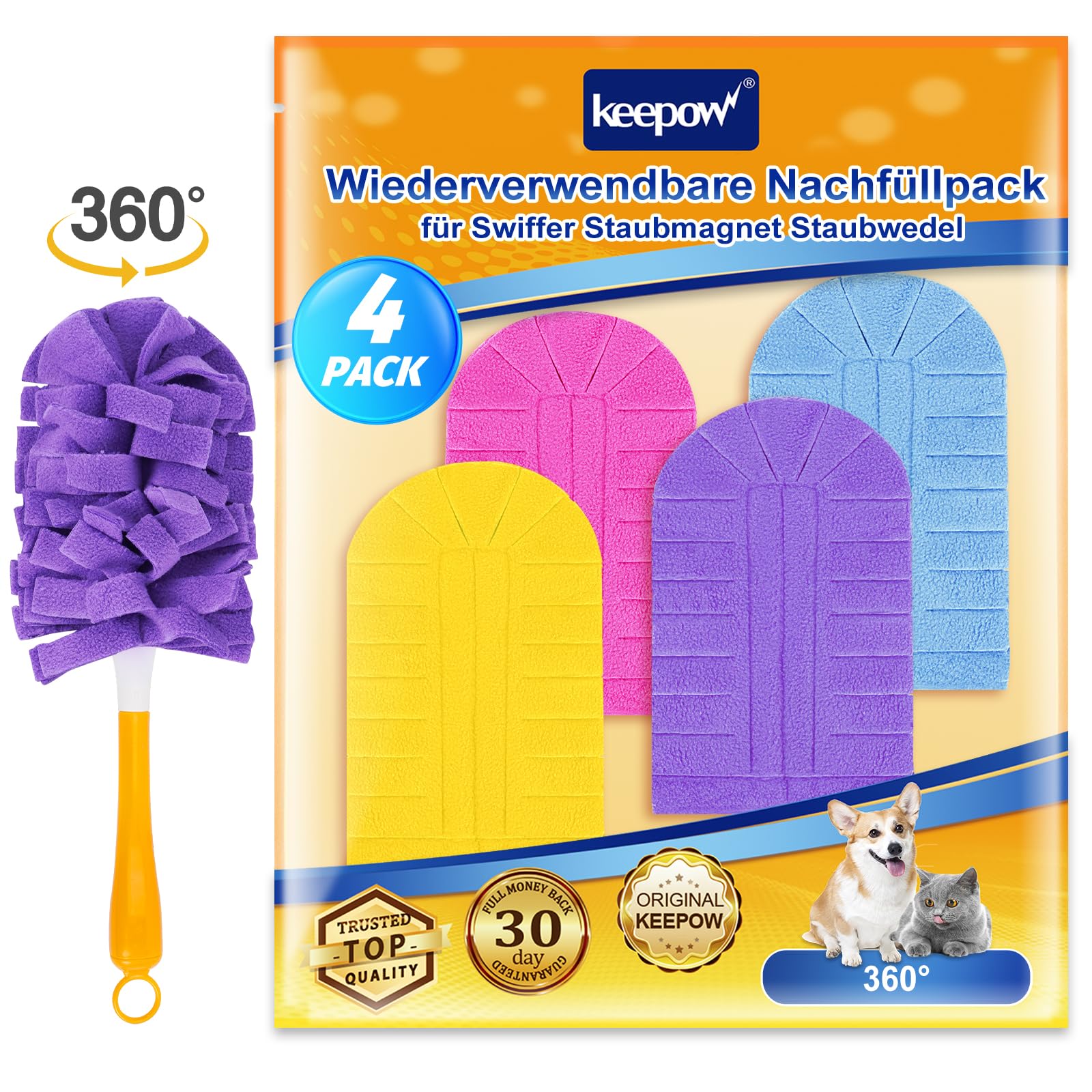 KEEPOW 4 Stück für Swiffer Staubmagnet Nachfüllpack, Wiederverwendbar für Swiffer Duster Nachfülltücher, 360 Grad Staubwischer Staubwedel Starterset, Staubwedel für Tierhaare, Staub, Schmutz Angebot bei HelloDeals