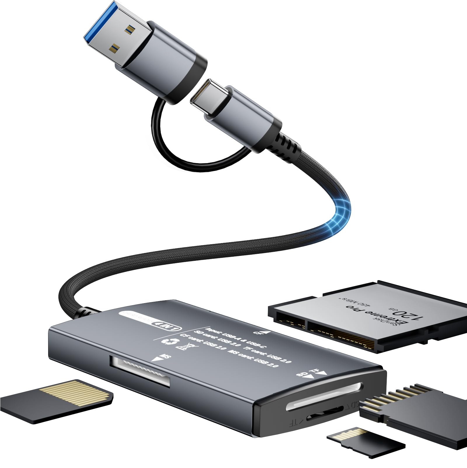 SD Kartenleser USB C&USB, 4-in-1 Kartenlesegerät mit SD/TF/CF/MS, Plug-and-Play, bidirektionale Übertragung, USB&USB C Kartenleser für iPhone 15/16/17, Windows, Linux, Mac OS, Android, Geräte Grau-4 in 1 Angebot bei HelloDeals