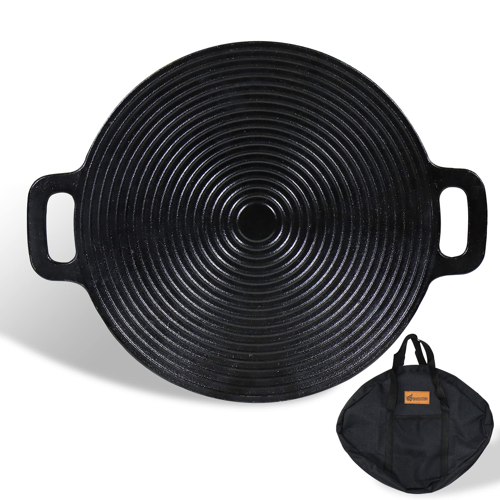 CCLIFE BBQ Grillpfanne Koreanische Grillpfanne aus Gusseisen Runde Grillplatte Antihaftbeschichtung,Doppelgriffe für Camping Durchmesser 29cm, mit Tasche Angebot bei HelloDeals
