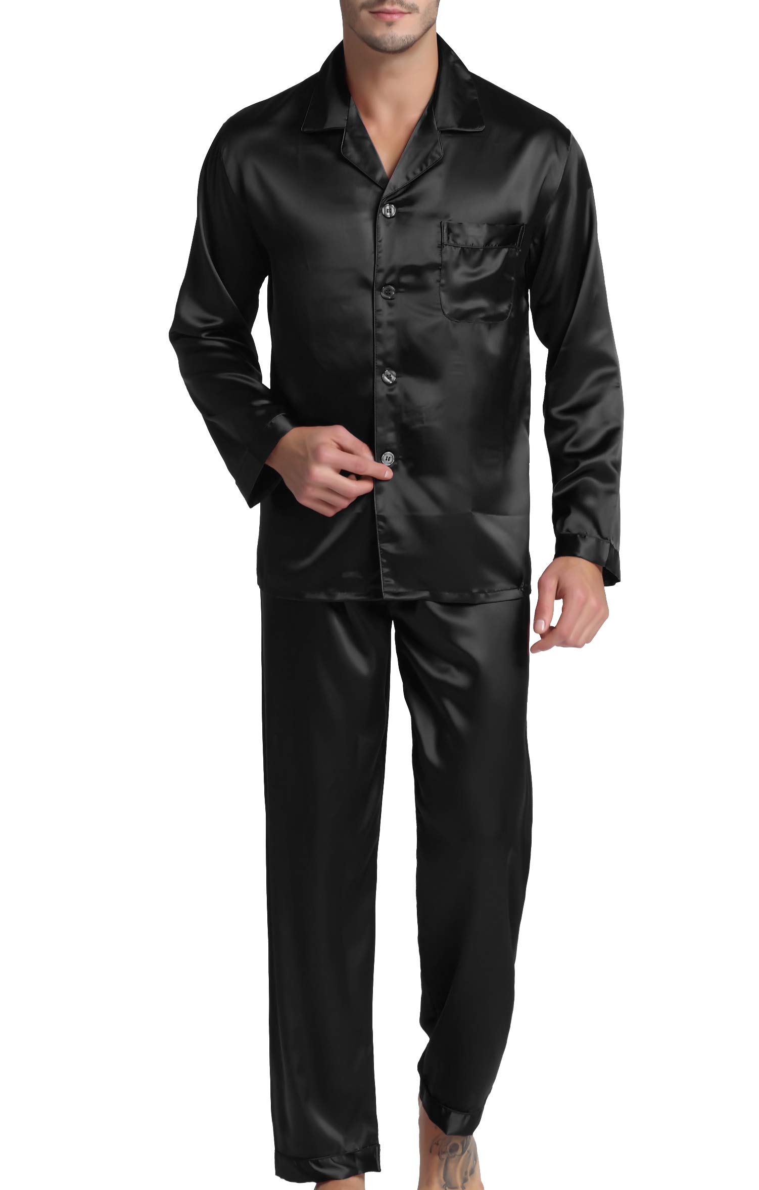 Herren Schlafanzug Pyjama Set Satin Nachtwäsche Langen Ärmel Loungewear Schwarz XL Angebot bei HelloDeals