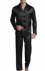Herren Schlafanzug Pyjama Set Satin Nachtwäsche Langen Ärmel Loungewear Schwarz XL Angebot bei HelloDeals