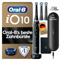 Oral-B iO Series 10 Elektrische Zahnbürste — Electric Toothbrush, Inkl. 3 Aufsteckbürsten, iOSense, Lade-Reise-Etui — 7 Putzmodi für Zahnpflege, Zahnbürste Elektrisch, Designed by Braun, Schwarz Cosmic Black Sanfte Reinigung 1 Bürste + 3 Köpfe Angebot bei HelloDeals