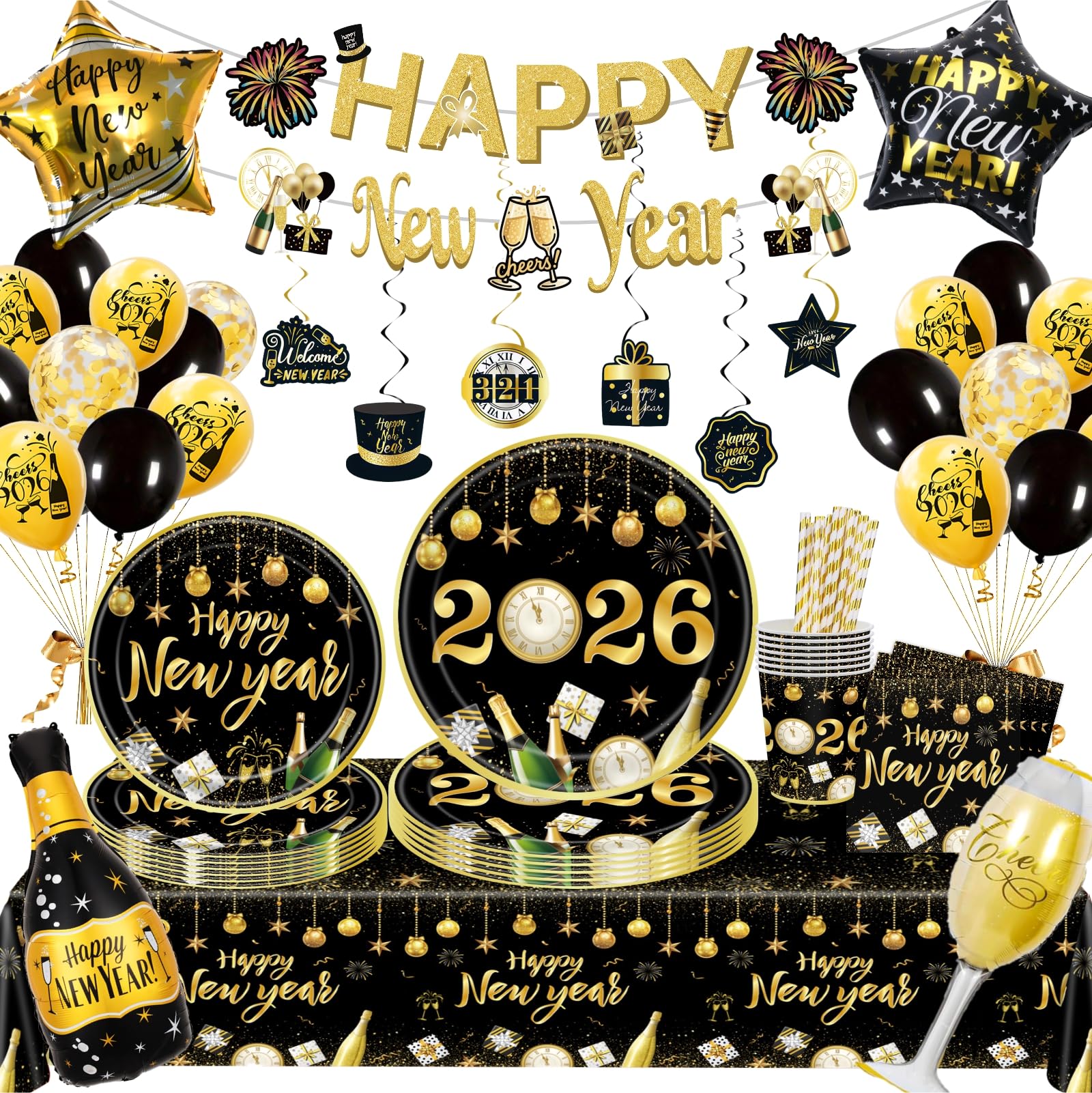 Silvester Deko 2026XXL Dekoration, 2026 Silvesters Party Geschirr, Happy New Year Partygeschirr Set, Silvester Tischdeko, Pappteller Banner Ballons Servietten für Silvesters Dekoration Partyzubehör Angebot bei HelloDeals