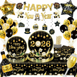 Silvester Deko 2026XXL Dekoration, 2026 Silvesters Party Geschirr, Happy New Year Partygeschirr Set, Silvester Tischdeko, Pappteller Banner Ballons Servietten für Silvesters Dekoration Partyzubehör Angebot bei HelloDeals