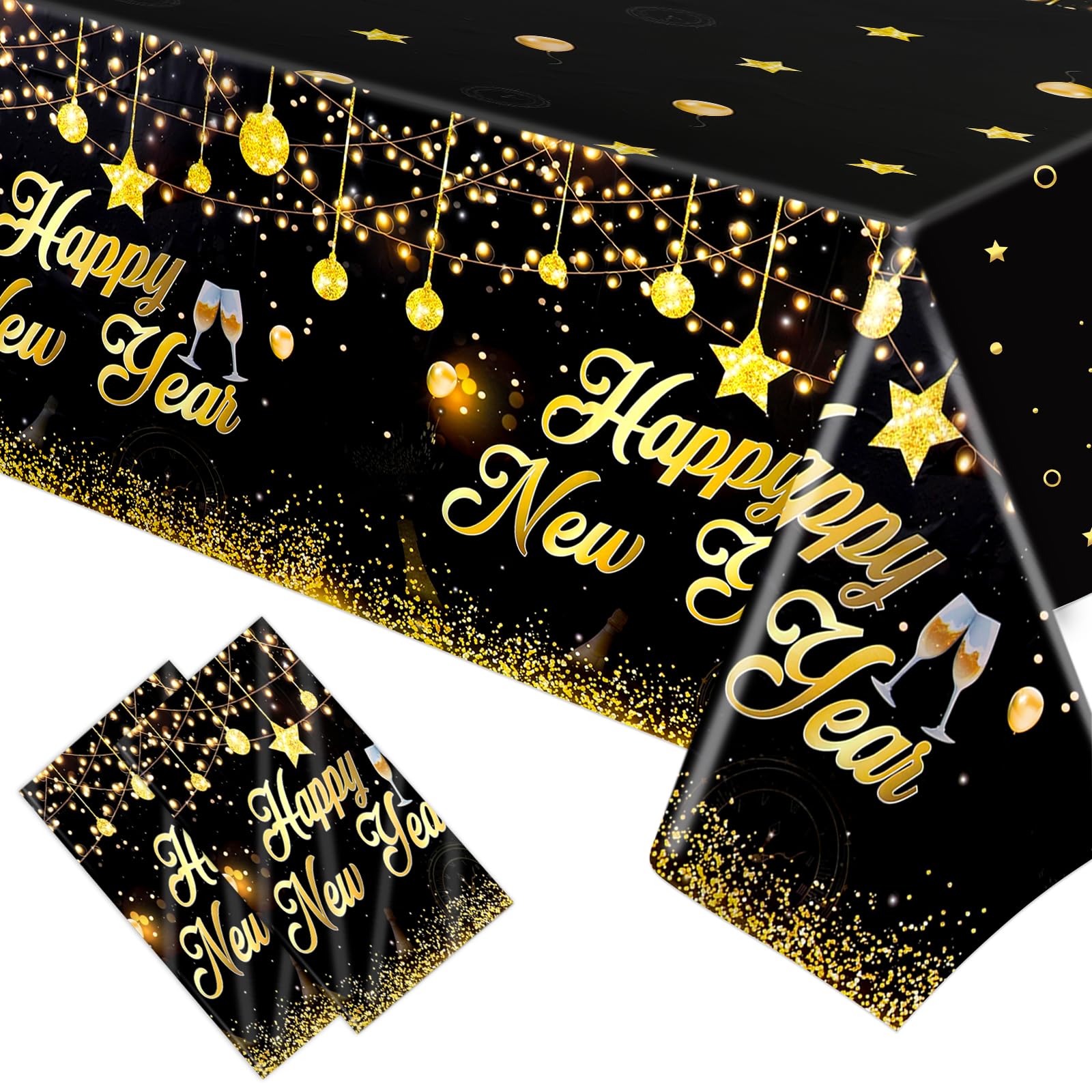 HOWAF 2 Tischdecke Silvester Deko 2026, Silvester Tischdecke Einweg-Kunststoff-Tischdecken, Happy New Year Rechteck Tischdecken für Neujahr Silvester Tischdeko, Happy New Year Deko 2026, Schwarzgold Schwarz Gold Angebot bei HelloDeals