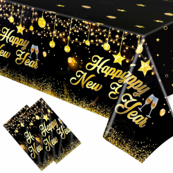 HOWAF 2 Tischdecke Silvester Deko 2026, Silvester Tischdecke Einweg-Kunststoff-Tischdecken, Happy New Year Rechteck Tischdecken für Neujahr Silvester Tischdeko, Happy New Year Deko 2026, Schwarzgold Schwarz Gold Angebot bei HelloDeals