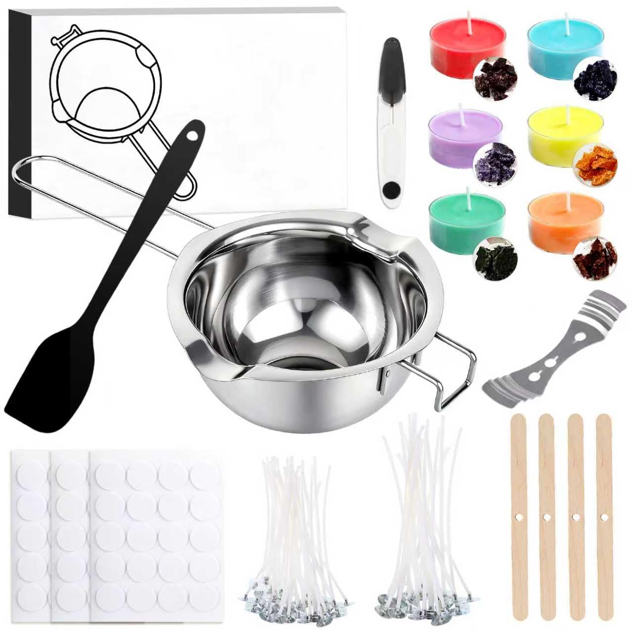 ePicsoa Kerzen Selber Machen Set, Enthalten Wachsschmelztopf 400ml, 50 Kerzendochte, 100 Kerzen Aufkleber, 5 Dochthalter, 6 Kerzenfarbe, Schwarzer Rührlöffel aus Silikon, für Erwachsene und Kinder Angebot bei HelloDeals