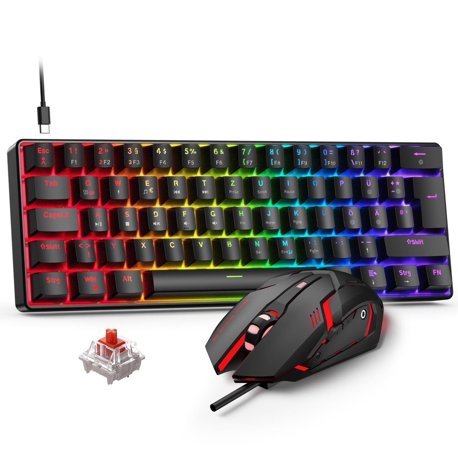 Gaming Tastatur und Maus Set, 60% QWERTZ Layout Mini Mechanische Tastatur mit RGB Beleuchtete, Red Switches, USB-C Kabelgebunden, 4 Farben LED Gaming Maus, Kompaktes Set für PC Mac Xbox PS5 Angebot bei HelloDeals
