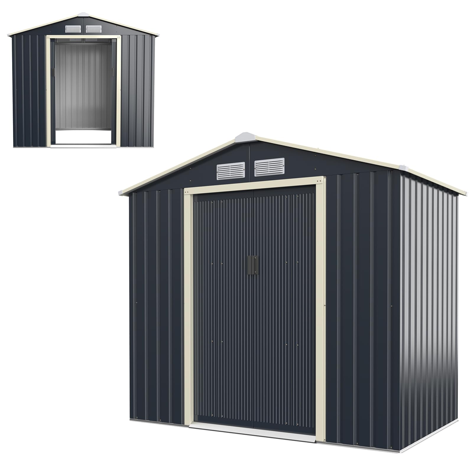 HOMASIS Gerätehaus Metall, Geräteschuppen mit Satteldach & 4 Lüftungsfenster & 2 Schiebetür, Gartenhaus Gartenschuppen Gartenhütte Metallschuppen Metallhaus Outdoor Wetterfest, Grau (213x127x195cm) Angebot bei HelloDeals