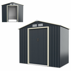 HOMASIS Gerätehaus Metall, Geräteschuppen mit Satteldach & 4 Lüftungsfenster & 2 Schiebetür, Gartenhaus Gartenschuppen Gartenhütte Metallschuppen Metallhaus Outdoor Wetterfest, Grau (213x127x195cm) Angebot bei HelloDeals