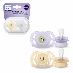 Philips AVENT Ultra Start Schnuller, kiefergerecht geformter Schnuller für Neugeborene, BPA-frei, mit Sterilisations-,Transportbehälter, Doppelpack, lila,orange, Modell SCF075/03 Neugeborene 2er-Pack Muster Angebot bei HelloDeals