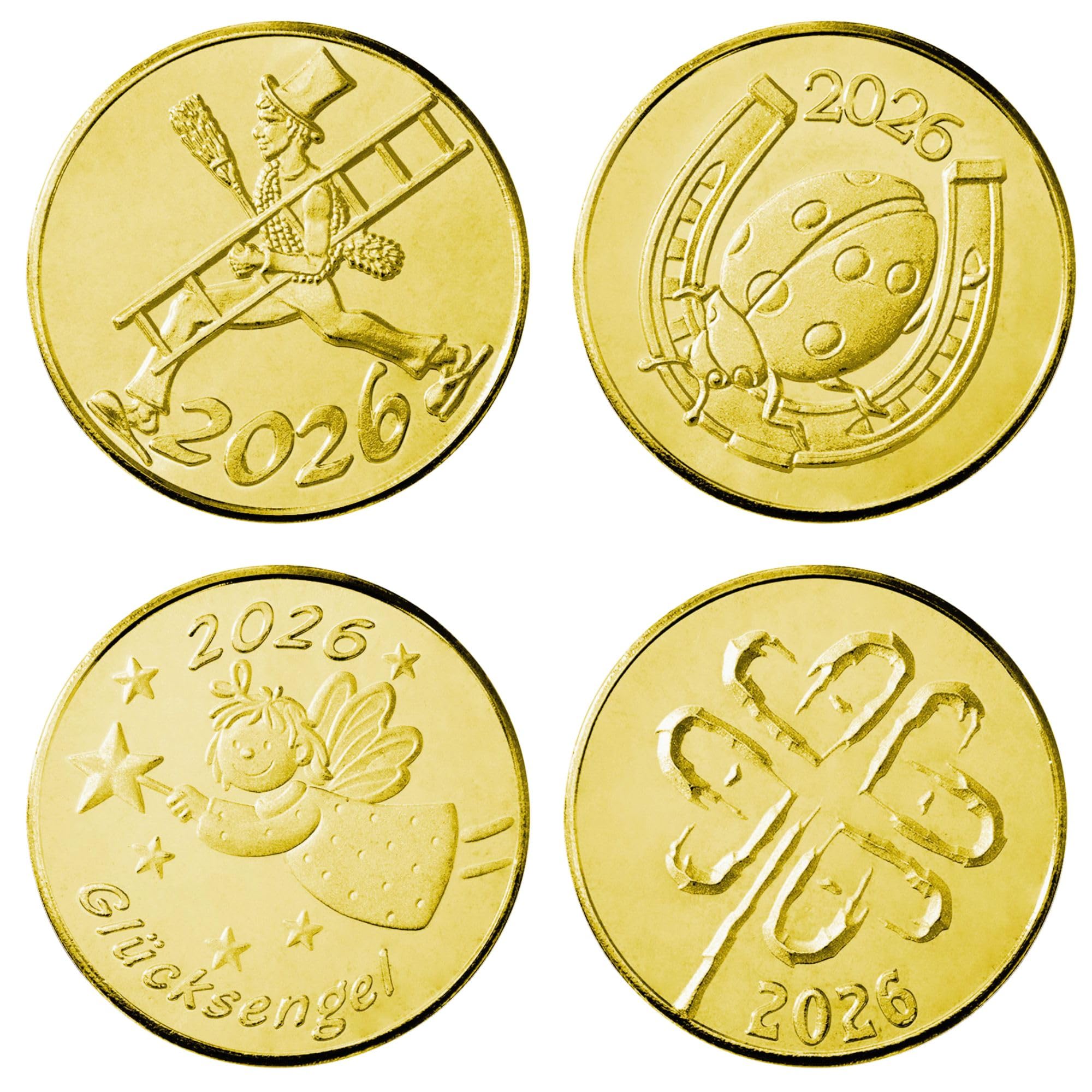 Glücksmünzen - Münze vergoldet perfekt für Silvester 2026 - Glücksbringer - Neujahrsmünze - Glückscent Set (1 x 4 Stück) Angebot bei HelloDeals