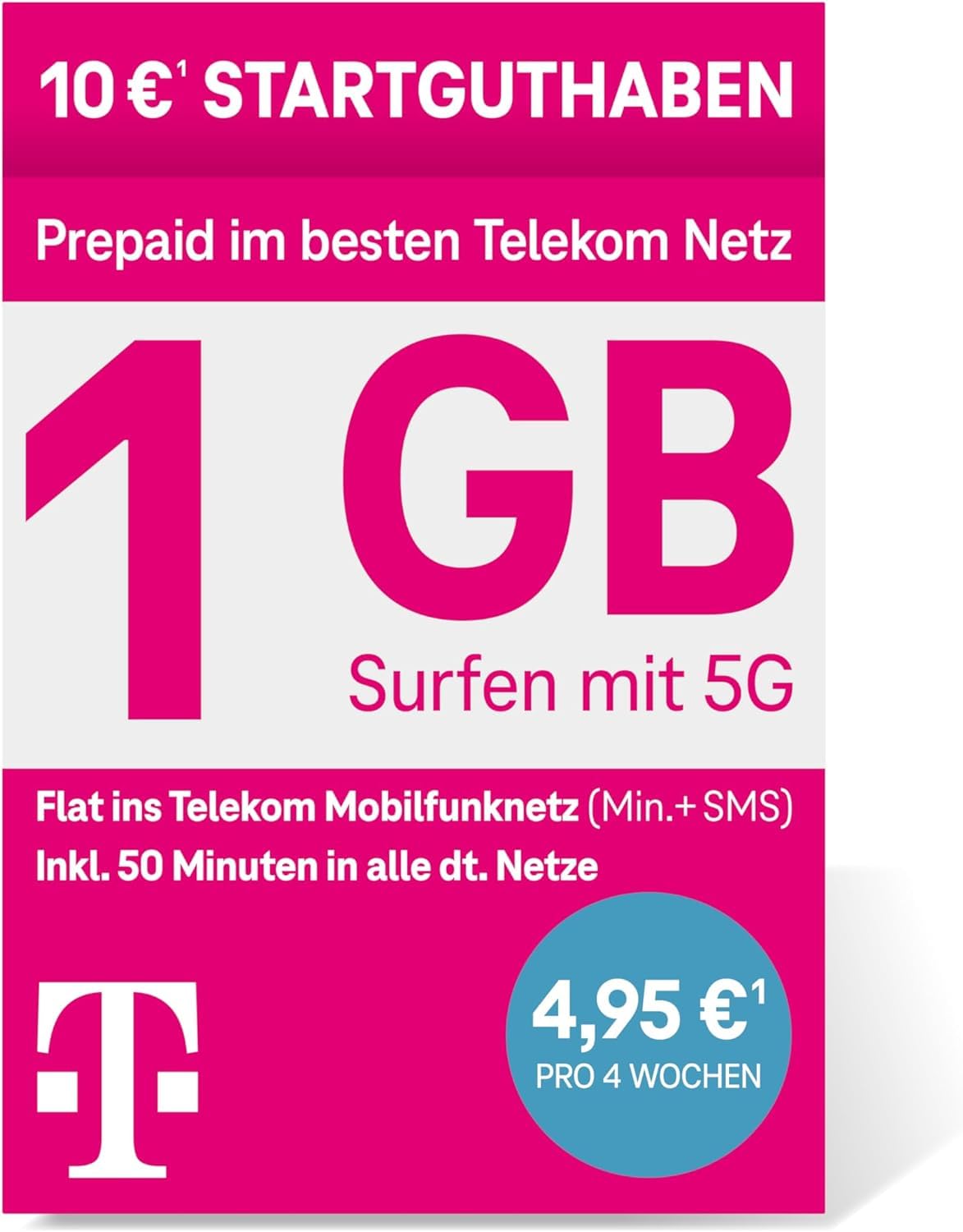 Deutsche Telekom MagentaMobil Prepaid S SIM-Karte ohne Vertragsbindung,5G inkl. I1 GB & Flat ins Mobilfunknetz,50 Freiminuten in alle Anderen dt. Netze I Surfen mit 5G/ LTE Max, 10 EUR Startguthaben 25x15mm Prepaid-S alt Angebot bei HelloDeals