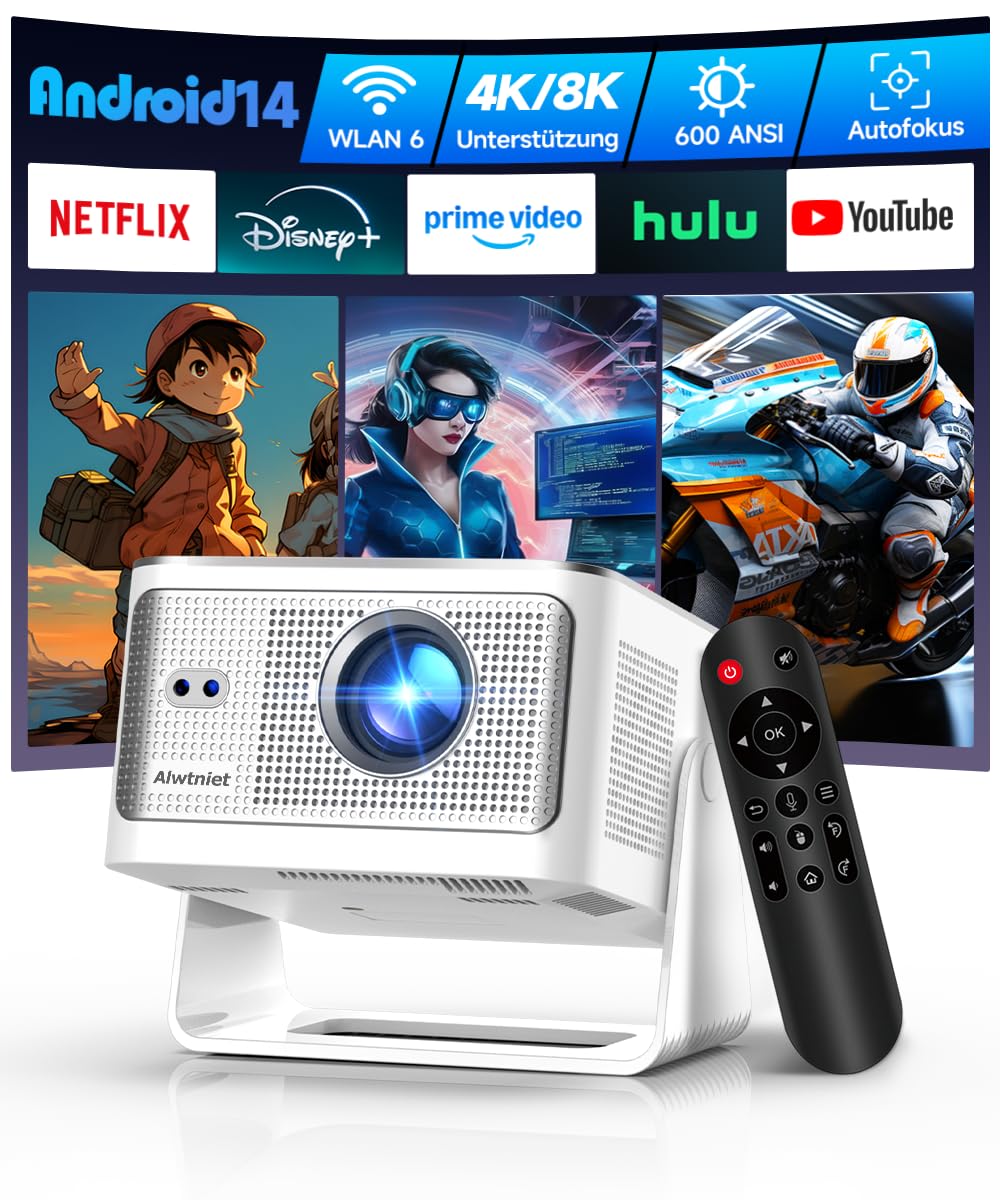 Alwtniet Mini Beamer Projektor 4K 8K Unterstützt, Full HD 1080P Smart Projector mit Android 14, WiFi 6 Bluetooth 5.4, Autofokus Auto Keystone 180°Dreh Beamer klein Heimkino Ultrakurzdistanz HY350MAX Angebot bei HelloDeals